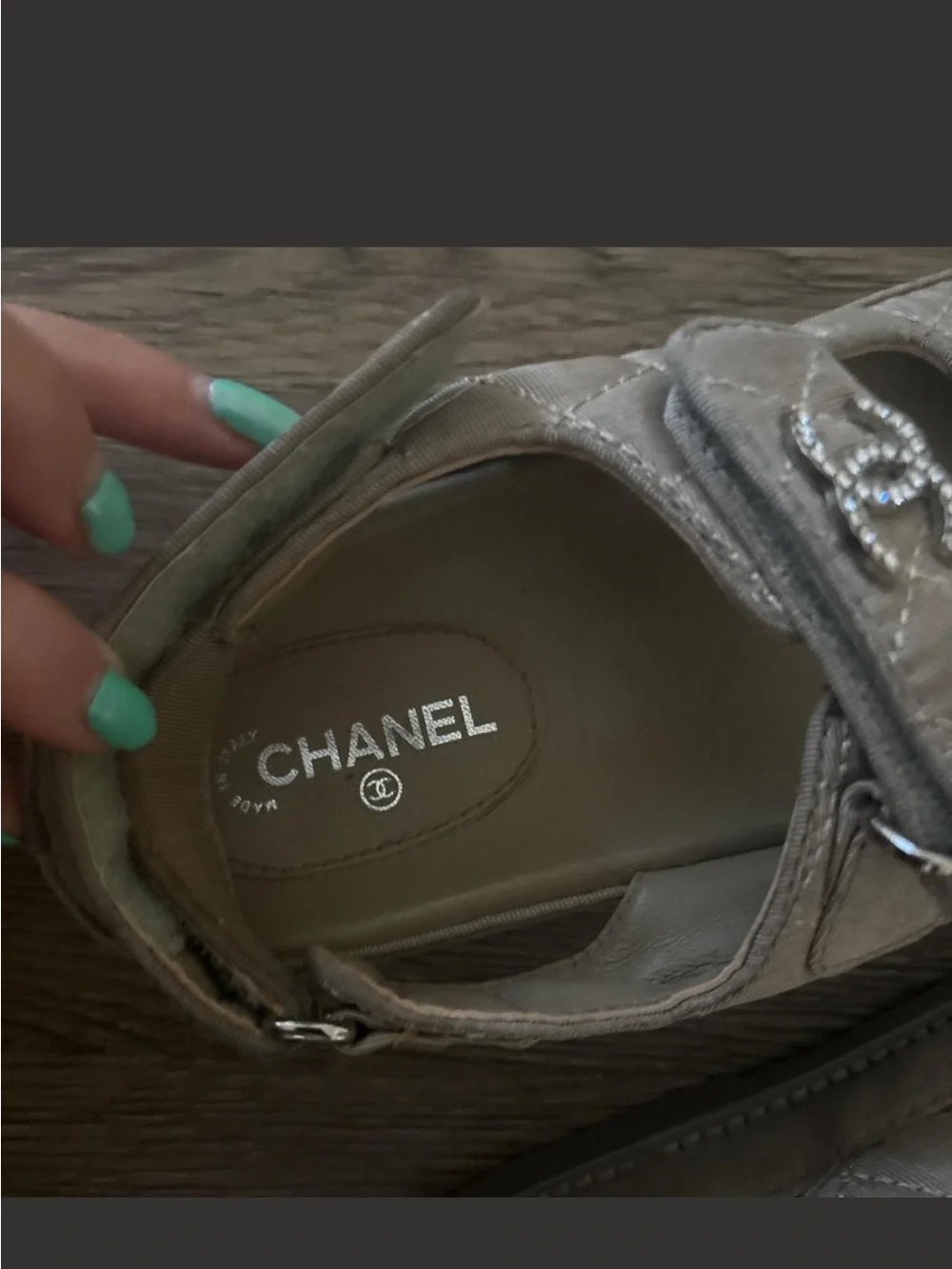 CHANEL Gray Quilted Double-Strap Logo Sandals
